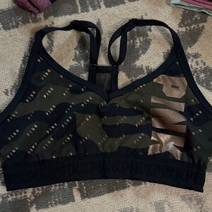 PINK Victoria's Secret Olive Green & Black Camo Sports Bra with Metallic Logo